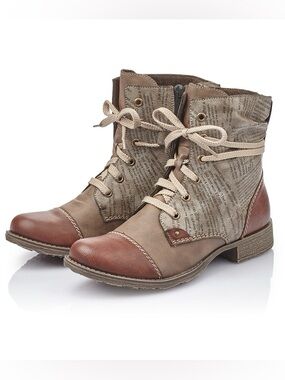 Rieker Payton 22 Combat Boot/Booties Lace Up Ankle Zip Brown Grey, size 39